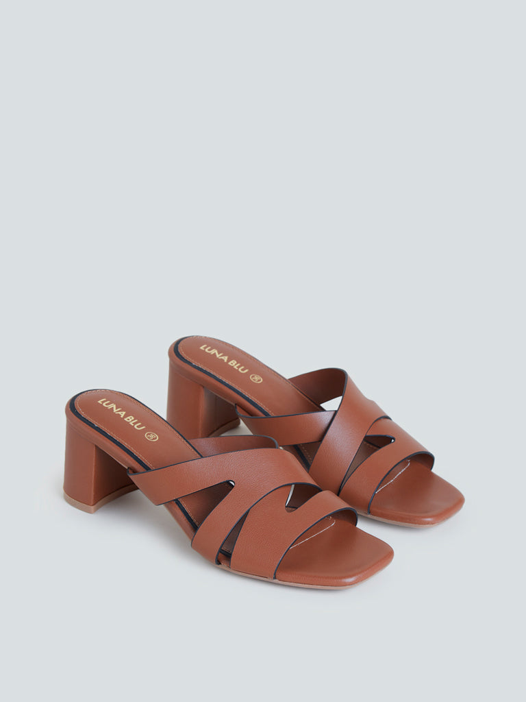 LUNA BLU Brown Cross-Strap Heeled Sandals